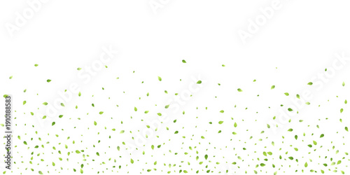 Leaves Green Falling. Spring Flying Foliage. Chaotic Leaf On White Background. Ecology Design, Nature Elements. Spring Sale Vector Illustration. Greenery Environment Backdrop.
