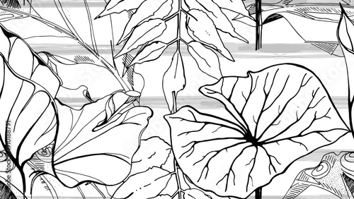 Black and white tropical seamless pattern. Contrast exotic graphics print. Modern stripes motif. Summer flower, leaf on abstract brush. Organic, tropic vector background.Watercolor daubs, ink, stains.