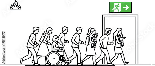 Diverse group of people urgently evacuating a building through an emergency exit door during a fire alarm situation