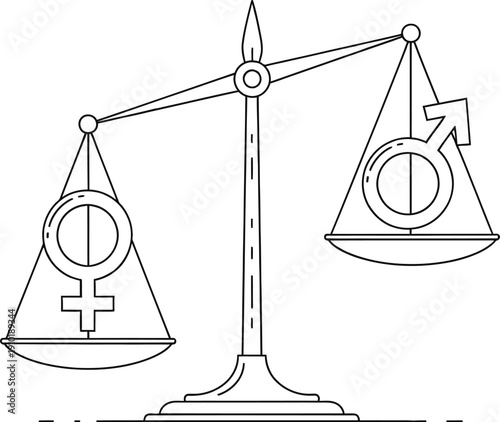 Simple line art illustration depicts an imbalance on a classic weighing scale with the female gender symbol outweighing the male symbol suggesting inequality concerns