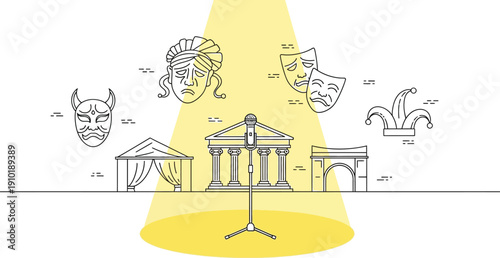 Minimalist line art illustration represents the multifaceted world of theater performance art under a bright spotlight featuring cultural symbols and architecture.