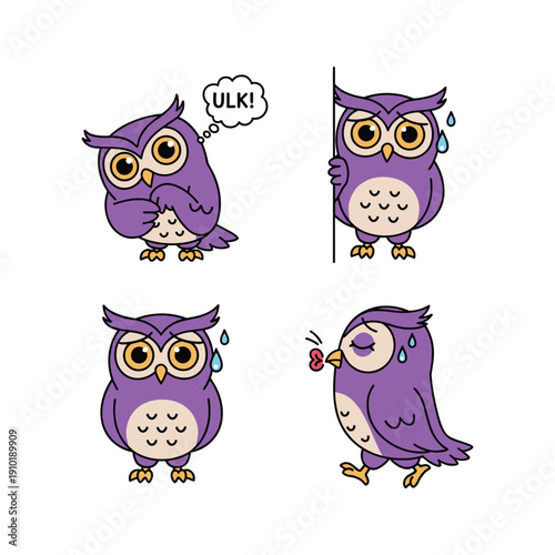 Purple owl cartoon character expressing different emotions with speech bubble and tears