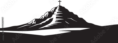 Mountain peak with cross on top and rocky landscape below symbolizing faith and achievement vector