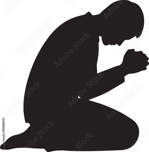 Person kneeling in prayer vector silhouette illustration line art profile figure isolated