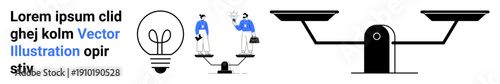 Innovation, teamwork, equality, decision-making, idea sharing, collaboration. A light bulb, talking professional figures and balanced scales. Innovation and teamwork concepts illustrated