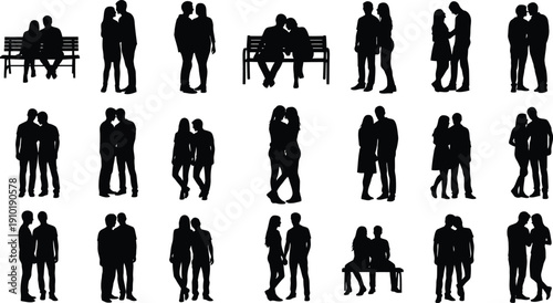 Couples stand and sit closely together in pairs.