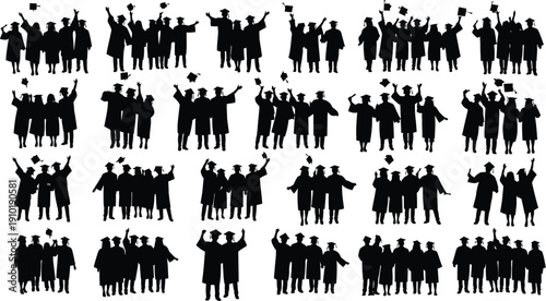 Graduates celebrate success throwing caps.