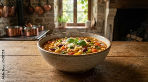 Wallpaper Mural A hearty bowl of minestrone soup, brimming with fresh vegetables and pasta, sits on a wooden table in a rustic kitchen setting. Torontodigital.ca