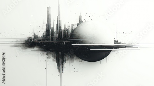 Abstract cityscape with orb, futuristic graphic design