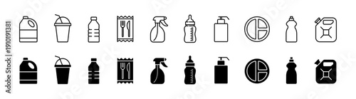 Plastic product icon set. Household cleaning products and bottles symbol. Vector illustration.