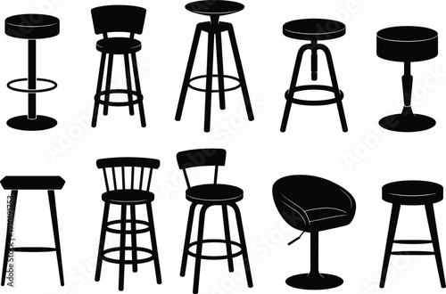 Bar stool silhouette collection featuring various modern and vintage tall chair designs for kitchen counter pub restaurant and cafe furniture isolated on white background.