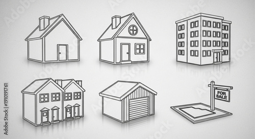 Collection of Hand Drawn Architectural Building Icons.