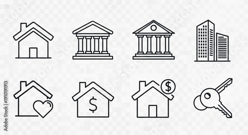 Collection of real estate and finance icons on transparent background.