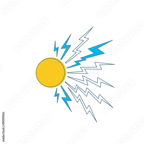 Sun icon with rays turning into electricity bolts for solar power, renewable energy conversion, and clean electricity.