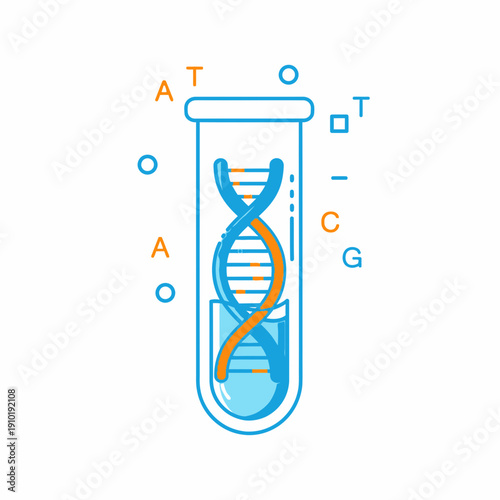 Test tube with a DNA helix inside for genetic testing, paternity analysis, and molecular biology experiments.