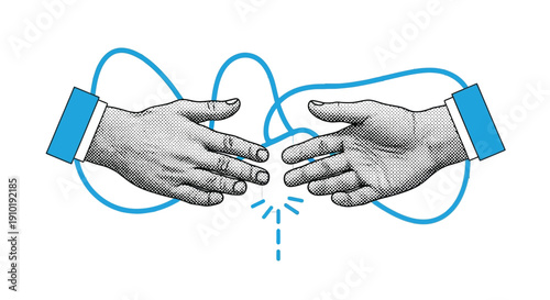 Stylized graphic depiction of two reaching business hands about to connect over a fluctuating blue line symbolizing financial data or market trends on a grid background.