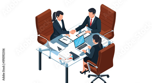Business professionals completing a deal with a handshake across a glass conference table surrounded by laptops and paperwork illustrating successful negotiation and partnership agreement