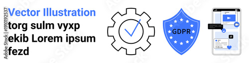 Data security, GDPR regulations, mobile privacy, app settings, online safety, cybersecurity. Illustrated gear, shield with GDPR text and smartphone with privacy-focused interface. Data security