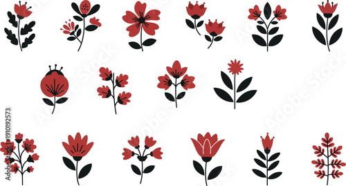 Collection of various red flowers and floral illustrations