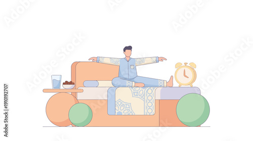 Man waking up late in bed with alarm clock beside him.