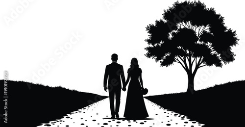 Black and white silhouette illustration featuring a romantic bride and groom walking hand in hand down a long pebble path towards a large tree.