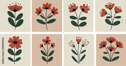 Eight different flower illustrations on beige backgrounds with red blooms