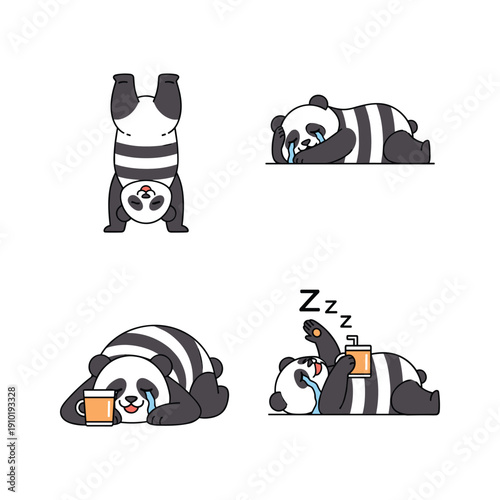 Cartoon panda bear sleeping with coffee in various poses on white background