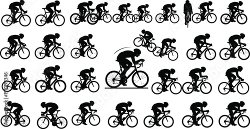 Cyclist silhouettes show various racing.