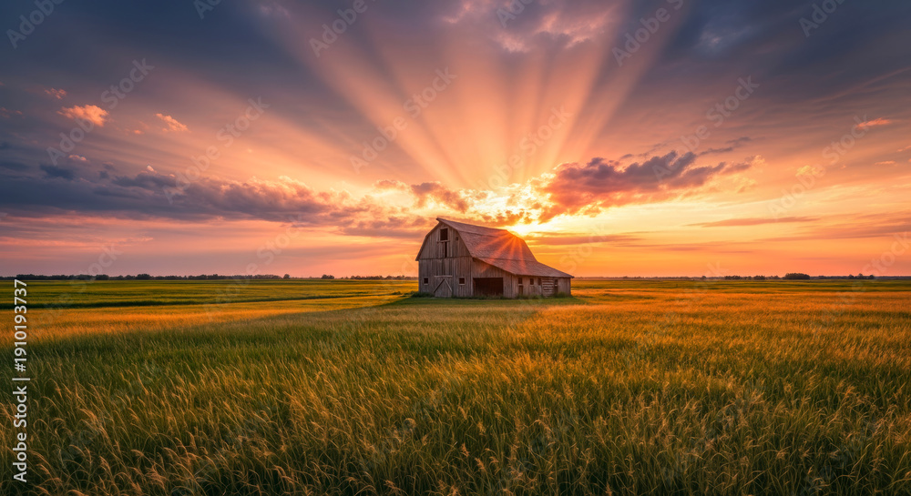 Fototapeta premium Old wooden barn standing alone in an open field beneath dramatic sun rays
