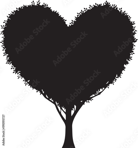 Heart shaped tree black silhouette vector illustration with detailed leaves on branches