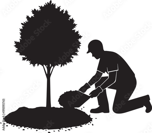 Man planting tree silhouette mulching near tree vector illustration gardening concept line art