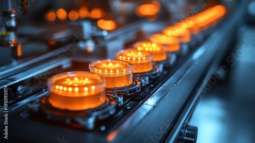 Automated production line with glowing containers