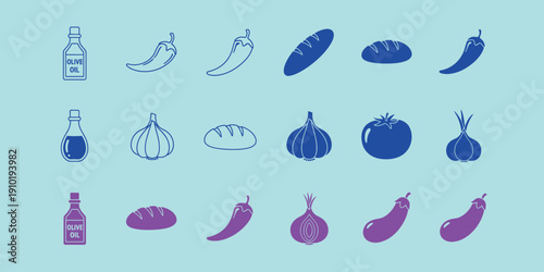 Blue and pink of food and drink on light blue background olive oil peppers bread