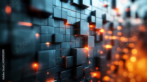 Abstract futuristic wall of dark cubes with orange light