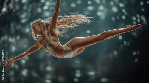Aerial dancer performing split leap with bokeh background