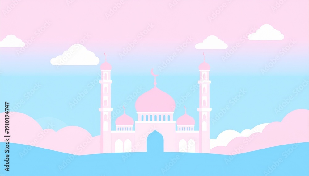Fototapeta premium Pink fantasy palace illustration with clouds and dreamy pastel sky background