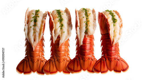 A group of four succulent cooked lobster tails featuring bright red shells tender white meat and fresh green chives, isolated on transparent background