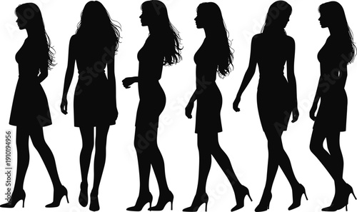 Stylish women silhouettes collection, elegant female figures in fashionable poses isolated on white background, beauty fashion concept, flat vector illustration