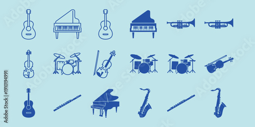 Blue musical instruments on light blue background blue light blue background guitar piano