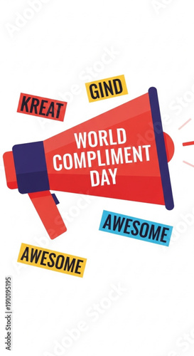 World Compliment Day with megaphone and colorful words around  