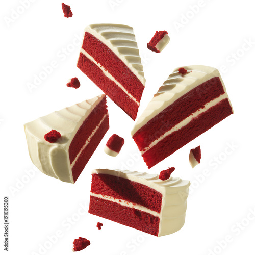 Four decadent red velvet cake slices with creamy white frosting layers gracefully falling through the air, isolated on transparent background