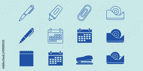 Blue office supplies on light blue background stationery desk business