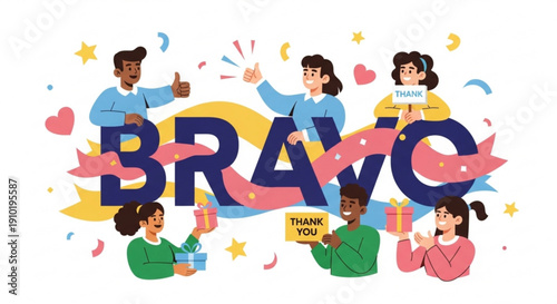 Diverse group celebrating success with "Bravo" letters and gifts  