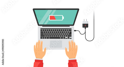 Person using laptop with charging cable plugged in and battery icon on screen.