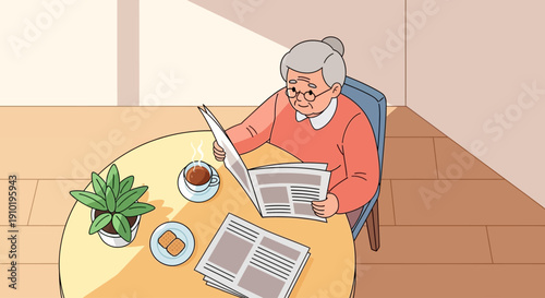 Elderly woman reading newspaper and drinking tea at home.