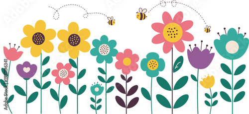 Colorful cartoon flowers and bees on white background with green leaves