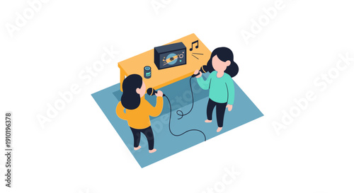 Two women working together on a vintage recording device.