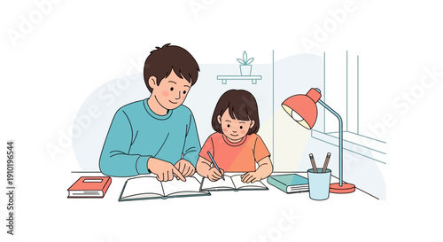 Father and daughter studying together at home with books and lamp.