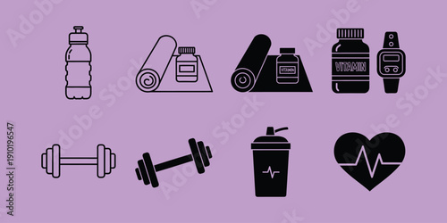 Fitness with water bottle towel dumbbells vitamins and heart rate workout exercise sports