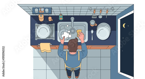 Person washing dishes in a kitchen at night.
